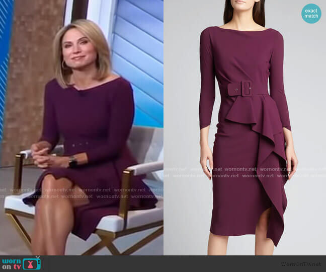 La Petite Robe di Chiara Boni Afissa Boat-Neck Belted Ruffle Dress worn by Amy Robach on Good Morning America