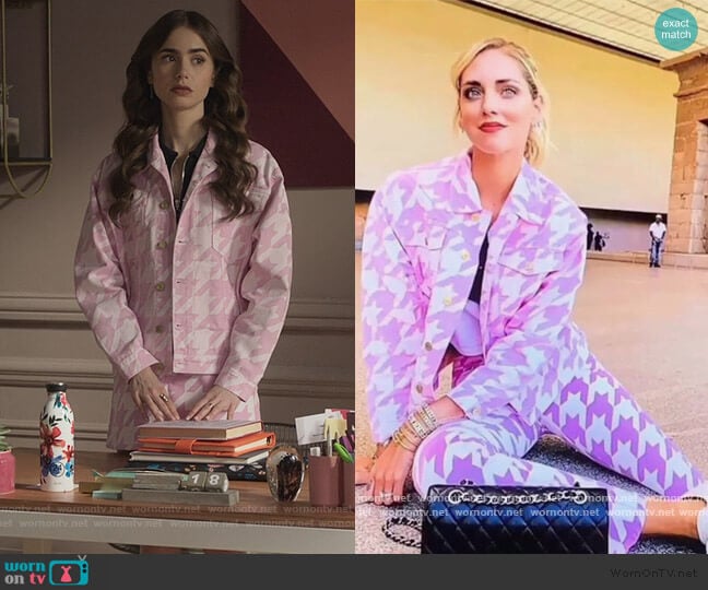Chiara Ferragni Pink Houndstooth Denim Jacket worn by Emily Cooper (Lily Collins) on Emily in Paris