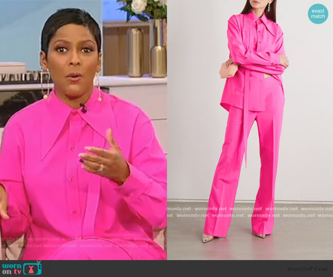Christopher John Rogers Tie-detailed neon wool-blend shirt worn by Tamron Hall on Tamron Hall Show