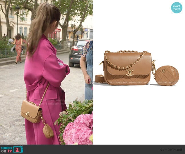 Chanel Calfskin & Gold-Tone Metal Beige Flap Bag & Coin Purse worn by Emily Cooper (Lily Collins) on Emily in Paris