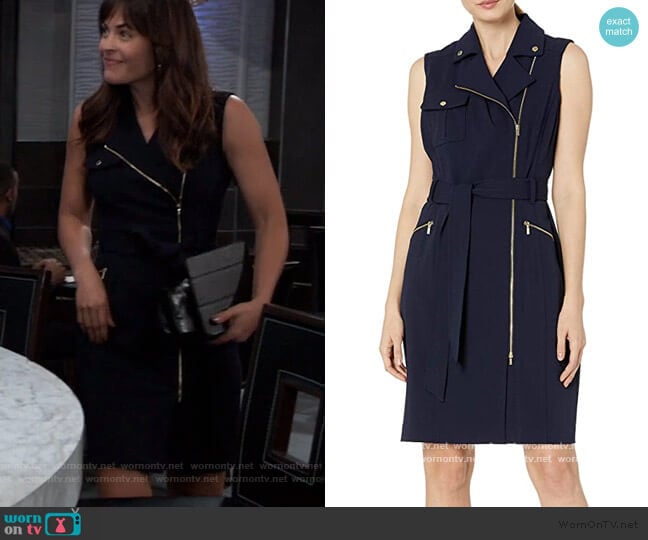 Calvin Klein Moto Zip Sheath Dress worn by Britt Westbourne (Kelly Thiebaud) on General Hospital