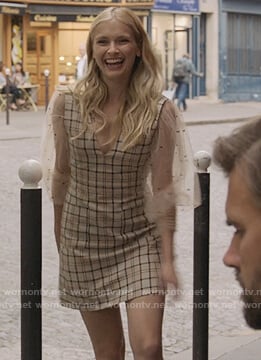 Camille’s beige plaid sleeveless dress on Emily in Paris
