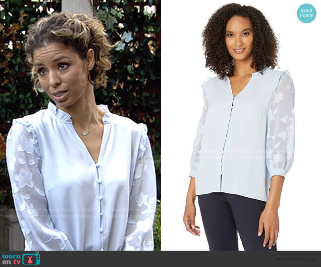 Cece Mix Media 3/4 Sleeve Blouse with Button Placket worn by Elena Dawson (Brytni Sarpy) on The Young and the Restless