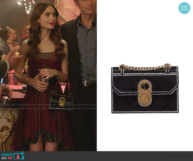 Christian Louboutin Elisa Mini Suede Strass Shoulder Bag worn by Emily Cooper (Lily Collins) on Emily in Paris