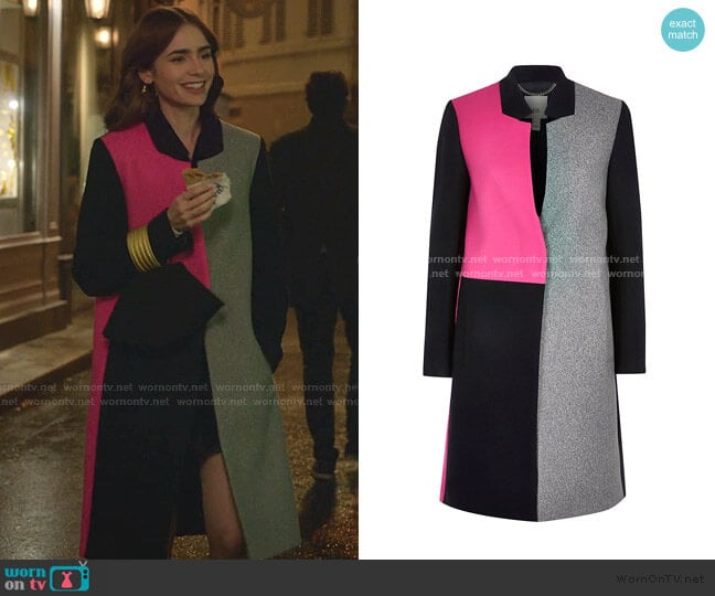 River Island Colour Blocked Longline Coat worn by Emily Cooper (Lily Collins) on Emily in Paris