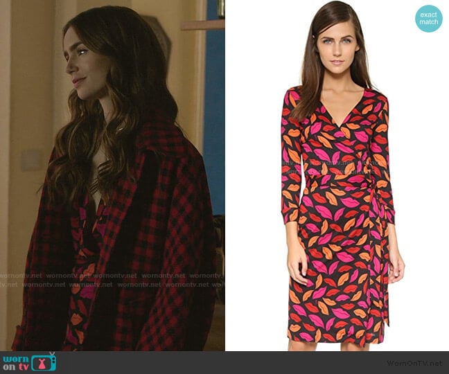 Diane Von Furstenberg Julian Lips Printed Dress worn by Emily Cooper (Lily Collins) on Emily in Paris