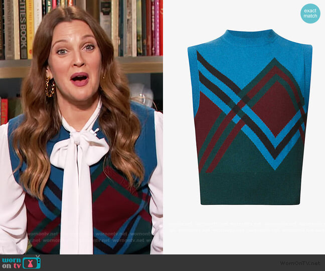 Dries Van Noten Graphic-print cashmere and wool-blend vest worn by Drew Barrymore on The Drew Barrymore Show