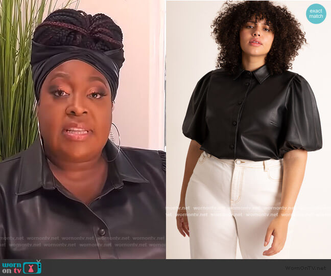 Eloquii Faux Leather Puff Sleeve Top worn by Loni Love on The Real