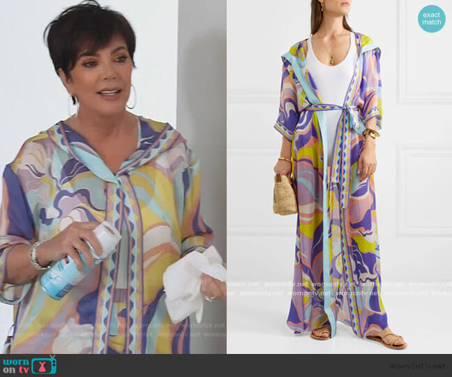 Emilio Pucci Hooded printed silk-georgette robe worn by Kris Jenner on Keeping Up with the Kardashians