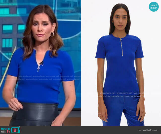 Helmut Lang Essential Zip Tee worn by Rebecca Jarvis on Good Morning America