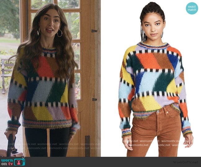 Essentiel Antwerp Tahini Intarsia Fluffy Sweater worn by Emily Cooper (Lily Collins) on Emily in Paris