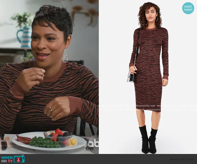 Express Negin Mirsalehi Fitted Tiger Print Midi Sweater Dress worn by Angela (Carly Hughes
) on American Housewife