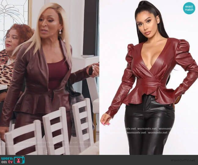 Fashion Nova Girl In The City PU Leather Blouse worn by Karen Huger on The Real Housewives of Potomac