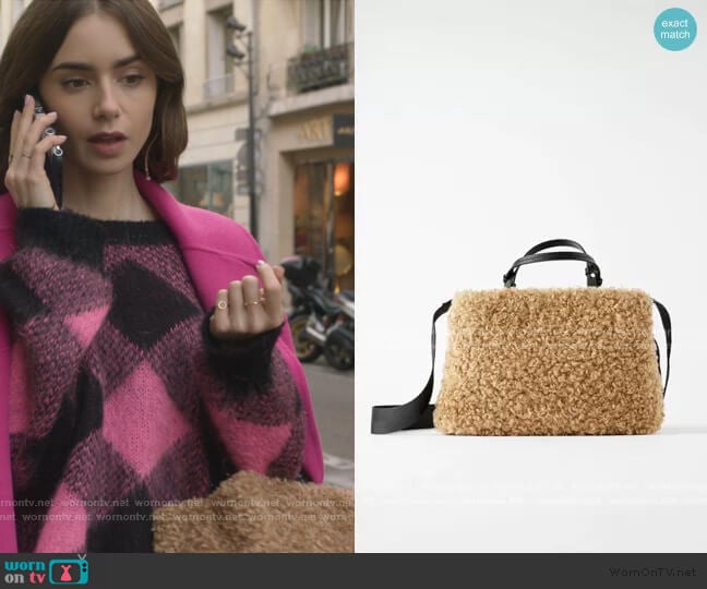 Zara Faux Fur Teddy Bag worn by Emily Cooper (Lily Collins) on Emily in Paris