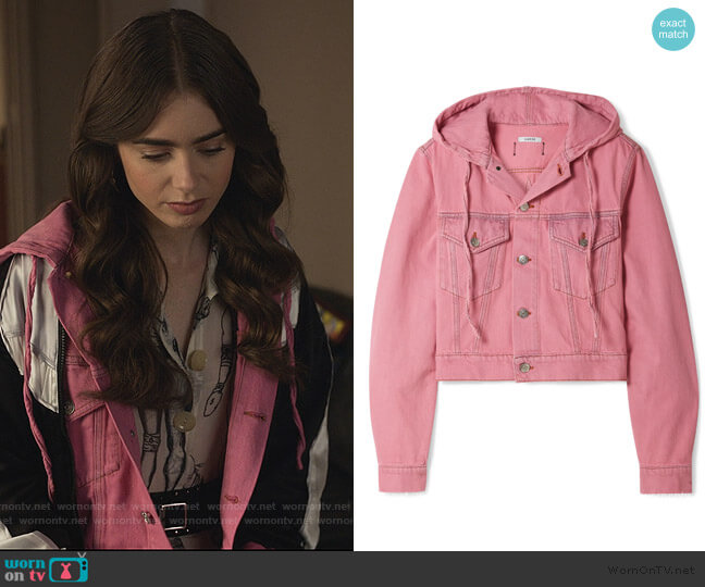 Ganni Hooded cropped denim jacket worn by Emily Cooper (Lily Collins) on Emily in Paris