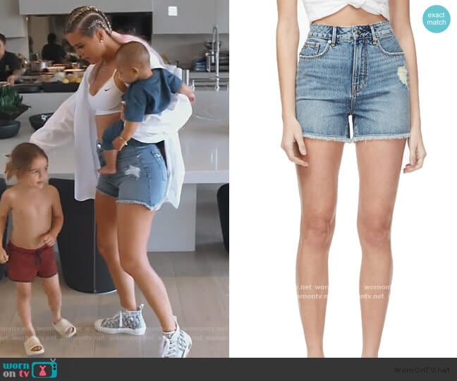 Good American Bombshell Distressed Cutoff Denim Shorts worn by Khloe Kardashian on Keeping Up with the Kardashians