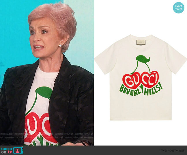 Gucci Beverly Hills cherry-print T-shirt worn by Sharon Osbourne on The Talk