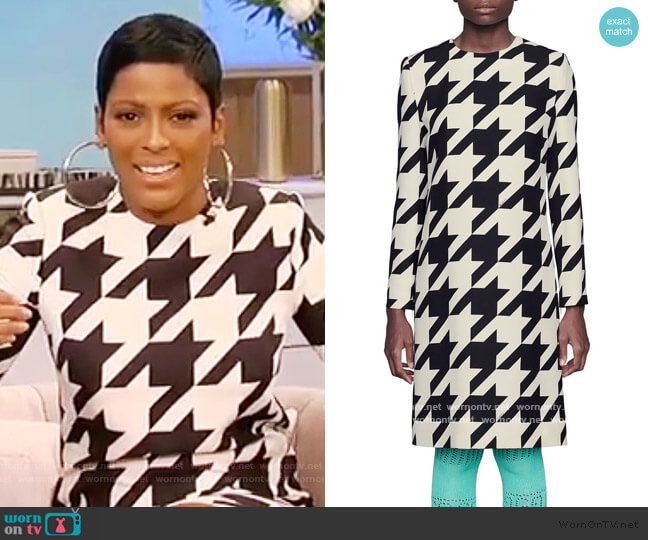 Gucci Houndstooth Long Sleeve Silk & Wool Crepe Shift Dress worn by Tamron Hall on Tamron Hall Show