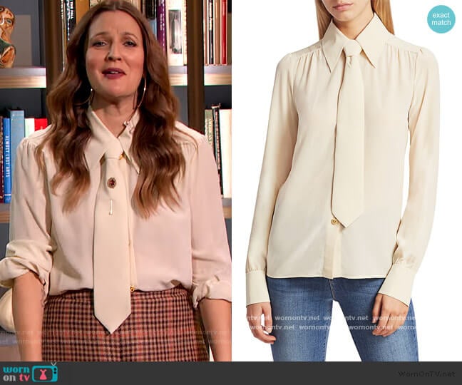 Gucci Vintage Menswear Tie Silk Blouse worn by Drew Barrymore on The Drew Barrymore Show