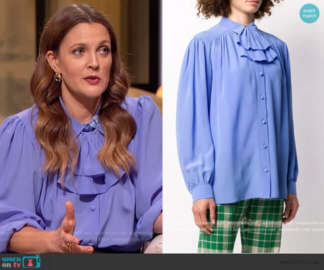 Gucci Detachable-ruffle silk-crepe blouse worn by Drew Barrymore on The Drew Barrymore Show