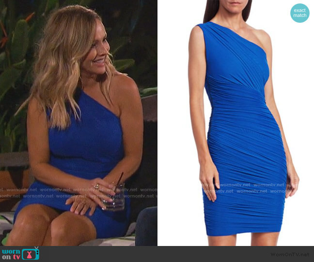 Herve Leger One Shoulder Tulle Draped Bodycon Dress worn by Clare Crawley on The Bachelorette