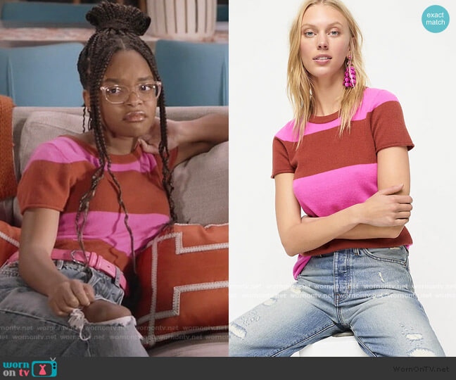 J. Crew Short-sleeve cashmere T-shirt in rugby stripe worn by Diane Johnson (Marsai Martin) on Black-ish