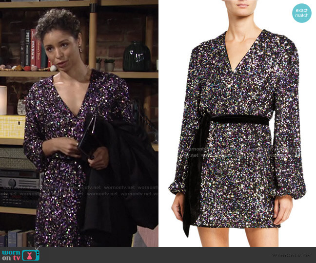 Jay Godfrey Polly Sequin Long-Sleeve Mini Wrap Dress with Tie Waist worn by Elena Dawson (Brytni Sarpy) on The Young and the Restless