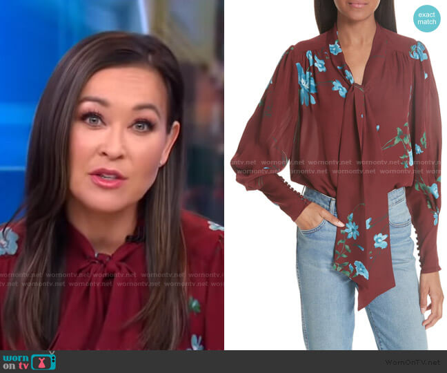 Joie Angeletta Floral Tie-Neck Silk Blouse worn by Eva Pilgrim on Good Morning America