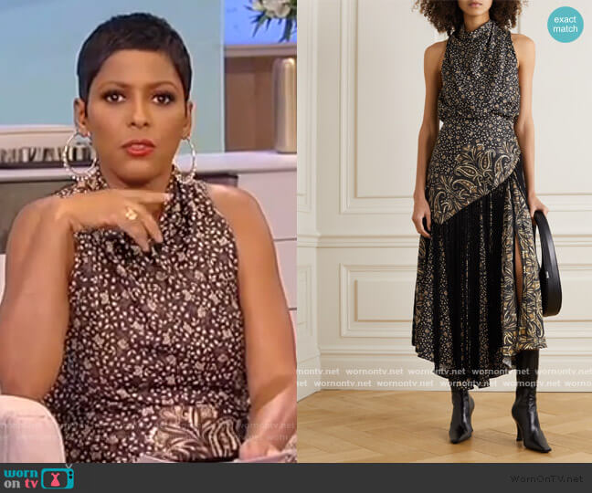 Jonathan Simkhai Dahlia fringed draped paisley-print satin dress worn by Tamron Hall on Tamron Hall Show