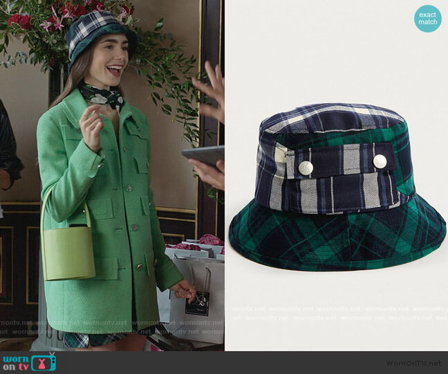 Kangol Plaid on Plaid Bucket Hat worn by Emily Cooper (Lily Collins) on Emily in Paris
