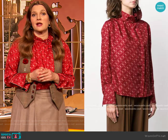 Fendi Karligraphy motif foulard collar blouse worn by Drew Barrymore on The Drew Barrymore Show
