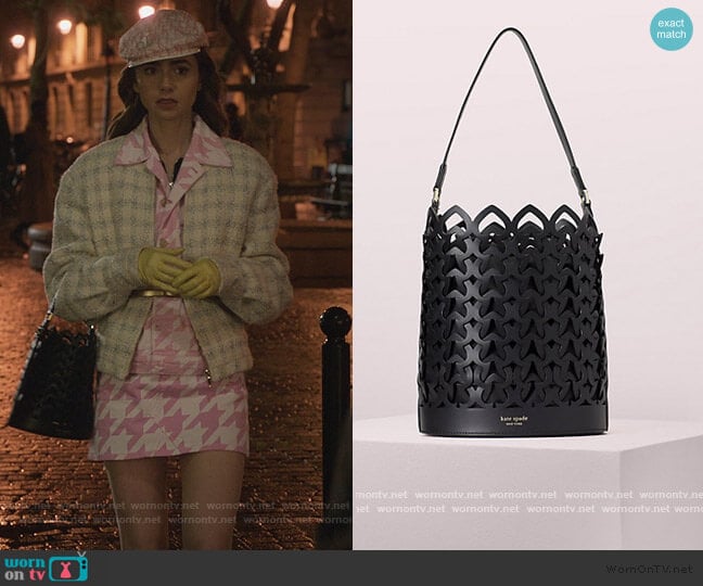 Kate Spade Dorie Medium Bucket Bag worn by Emily Cooper (Lily Collins) on Emily in Paris