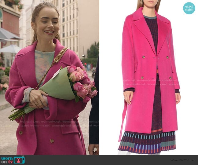 Kenzo Wool and Cashmere Coat worn by Emily Cooper (Lily Collins) on Emily in Paris