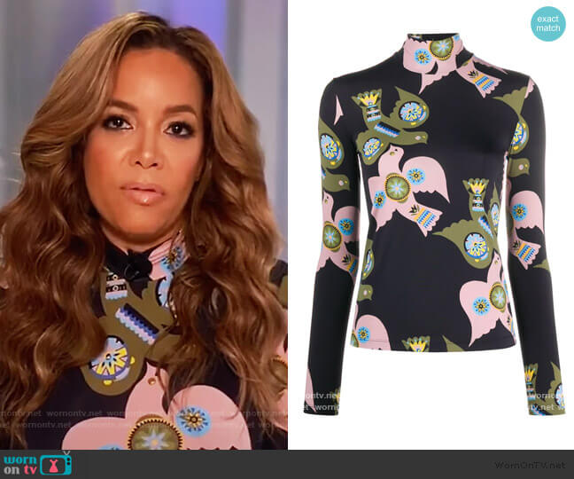 La Doublej dove-print mock neck top worn by Sunny Hostin on The View