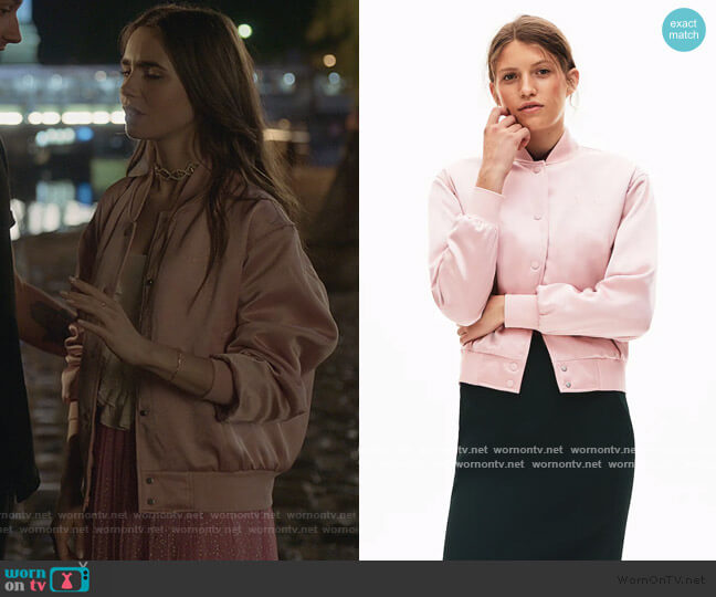 Lacoste LIVE Signature Embroidery Satin Short Jacket worn by Emily Cooper (Lily Collins) on Emily in Paris