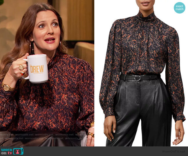 Lafayette 148 Bexley Silk Mockneck Blouse worn by Drew Barrymore on The Drew Barrymore Show