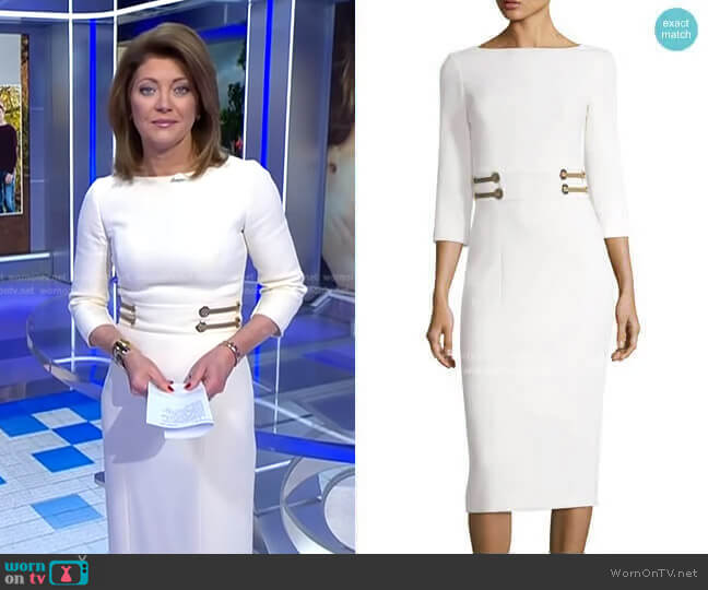 Michael Kors Collection Leather-Trim Boucle Crepe Sheath Dress worn by Norah O'Donnell on CBS Evening News