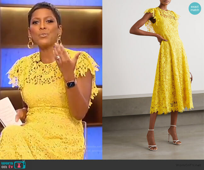 Lela Rose Wildflower guipure lace midi dress worn by Tamron Hall on Tamron Hall Show
