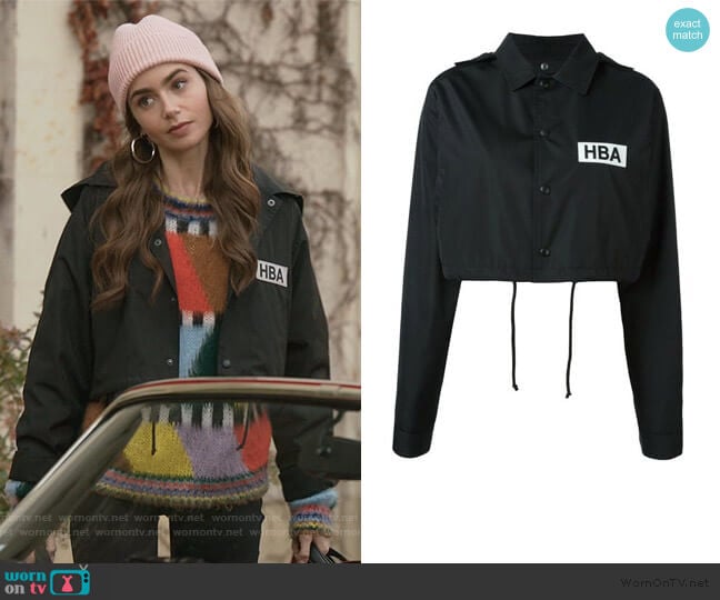 Hood By Air Logo Print Cropped Jacket worn by Emily Cooper (Lily Collins) on Emily in Paris