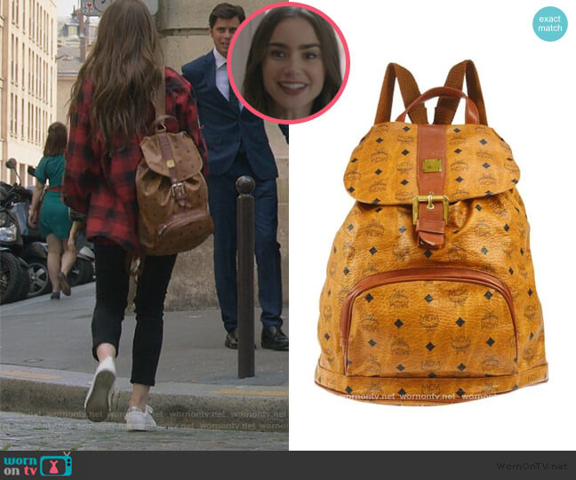 MCM Logo Backback worn by Emily Cooper (Lily Collins) on Emily in Paris