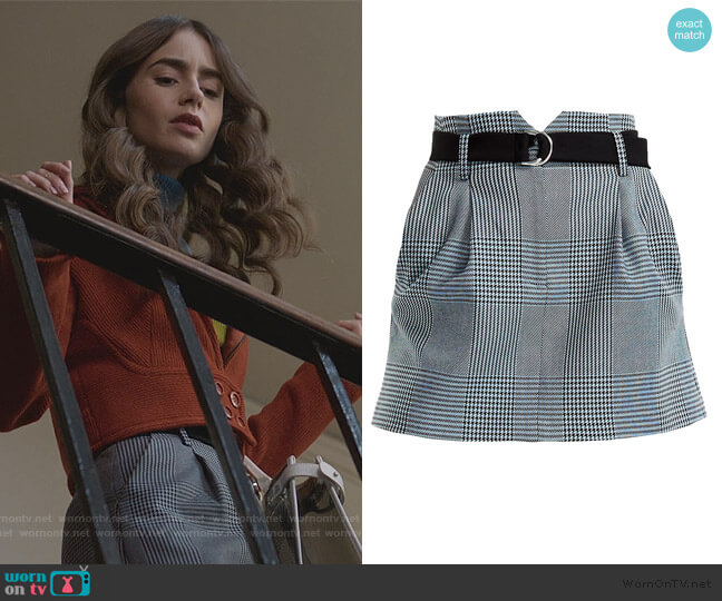 Maje Jadie Prince Of Wales Check Mini A-Line Skirt worn by Emily Cooper (Lily Collins) on Emily in Paris
