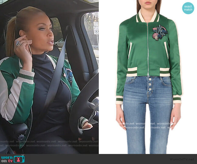 Maje Bacary satin varsity jacket worn by Gizelle Bryant on The Real Housewives of Potomac