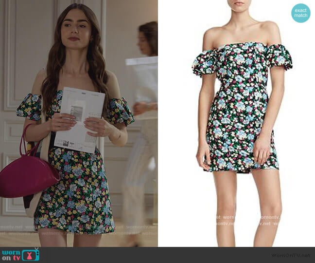 Maje Rapy Floral Off-the-Shoulder Dress worn by Emily Cooper (Lily Collins) on Emily in Paris