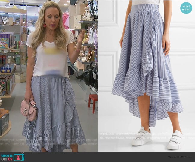 Maje Wrap-effect ruffled striped poplin midi skirt worn by Braunwyn Windham-Burke on The Real Housewives of Orange County
