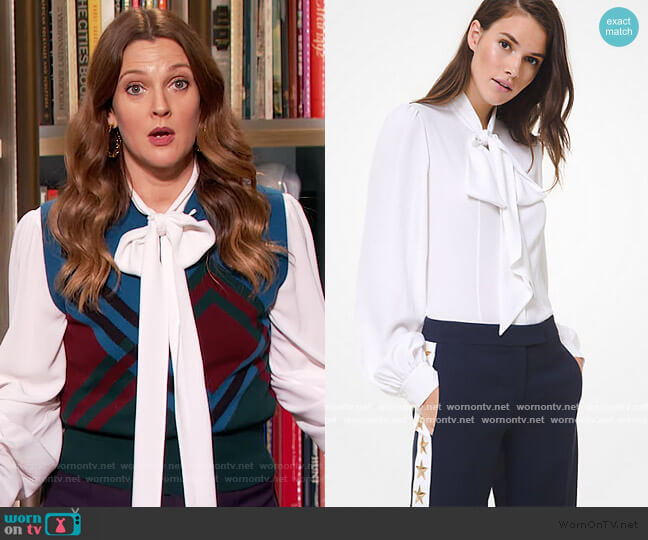 Michael Kors Silk Georgette Tie-Neck Blouse worn by Drew Barrymore on The Drew Barrymore Show