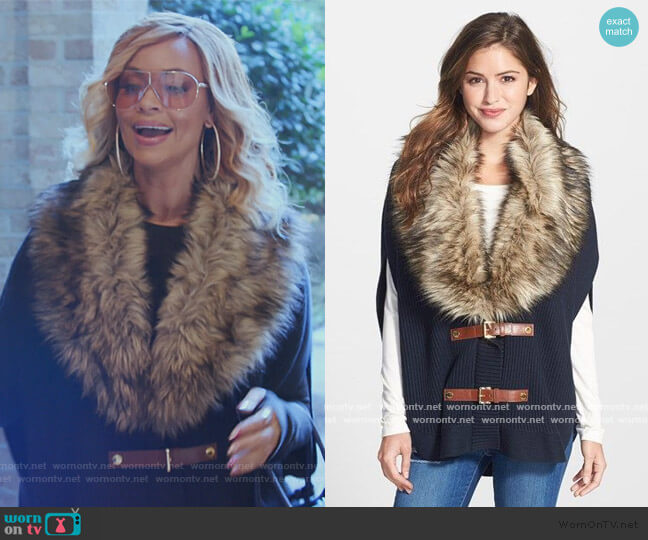 Michael Michael Kors Faux Fur Trim Buckle Poncho worn by Gizelle Bryant on The Real Housewives of Potomac