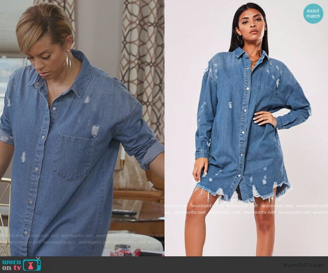 Missguided Blue Bleachwash distressed Extreme Denim Shirt worn by Robyn Dixon on The Real Housewives of Potomac