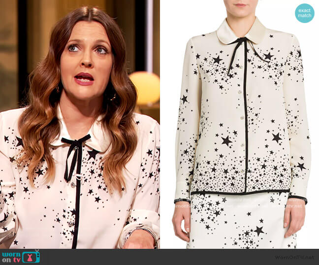 Miu Miu St Stars Marocain Silk Blouse worn by Drew Barrymore on The Drew Barrymore Show