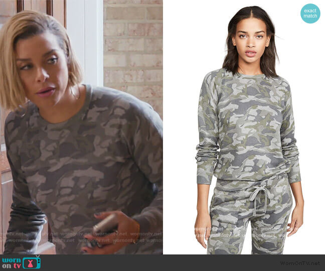 Monrow Grey Camo Raglan Sweatshirt worn by Robyn Dixon on The Real Housewives of Potomac