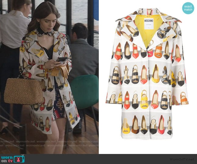 Moschino Shoe Print Coat In Light Grey worn by Emily Cooper (Lily Collins) on Emily in Paris